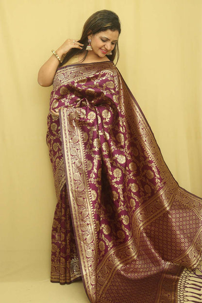 1 Min Ready To Wear - Purple Banarasi Silk Saree - Luxurion World