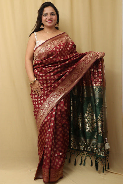 Elegant Maroon Banarasi Cotton Silk Saree: A Timeless Classic - Luxurion World