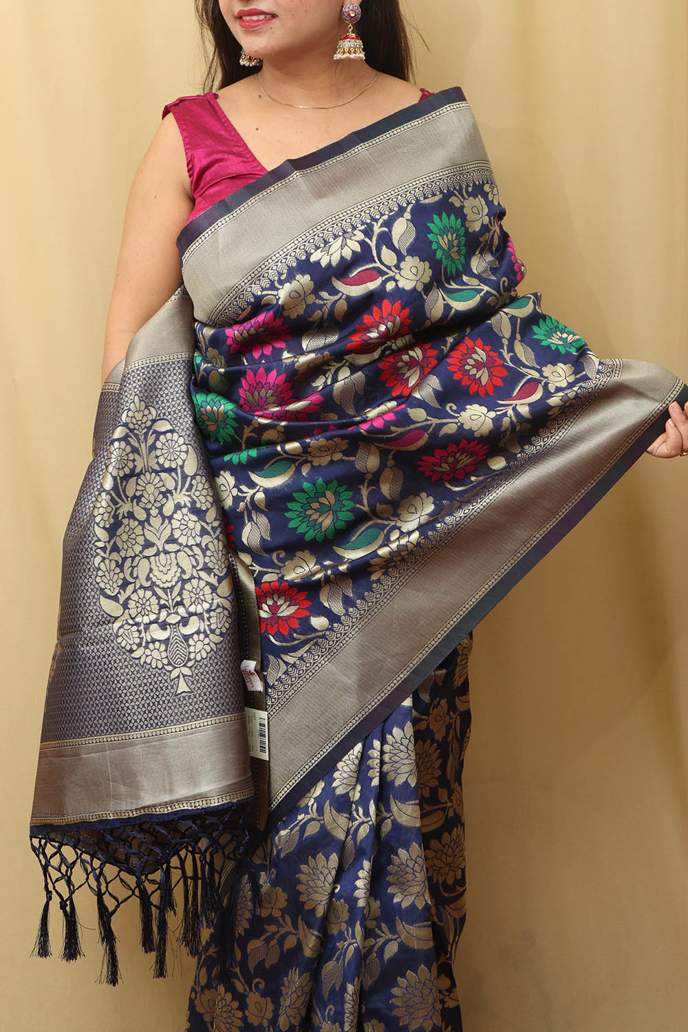 Elegant Blue Banarasi Cotton Silk Meenakari Saree - Luxurion World