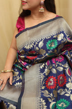 Elegant Blue Banarasi Cotton Silk Meenakari Saree - Luxurion World
