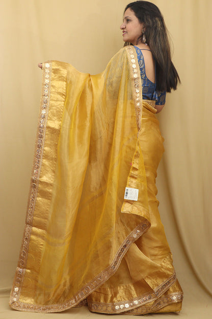 Golden Glow: Elegant Yellow Banarasi Tissue Saree - Luxurion World