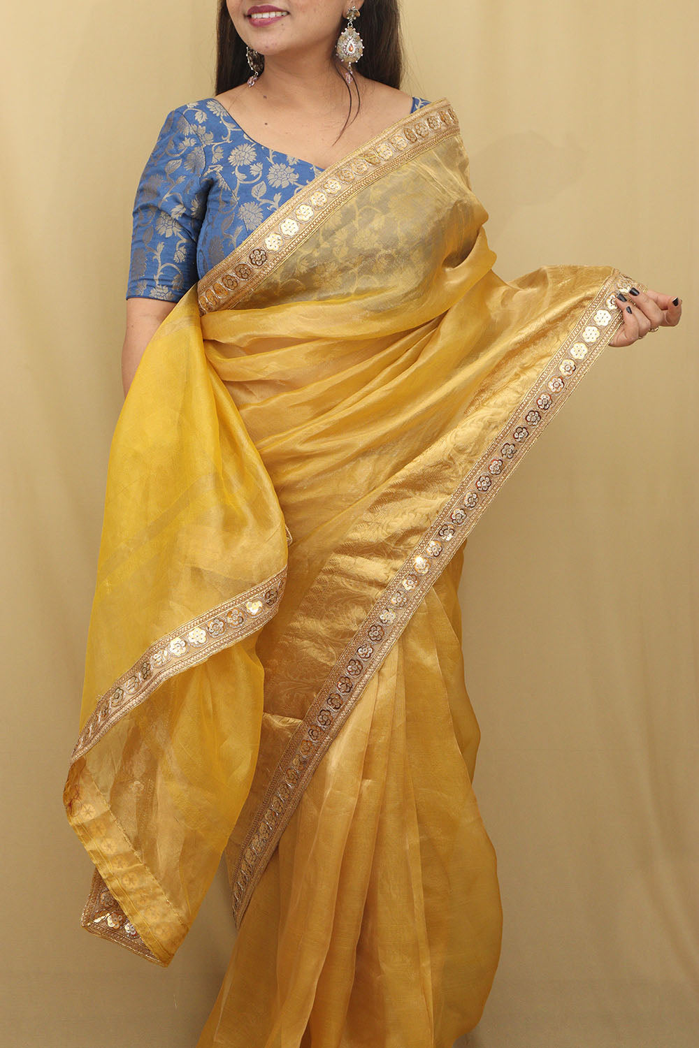 Golden Glow: Elegant Yellow Banarasi Tissue Saree - Luxurion World