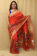 Orange Handloom Banarasi Pure Raw Dupion Silk Meenakari Saree - Luxurion World