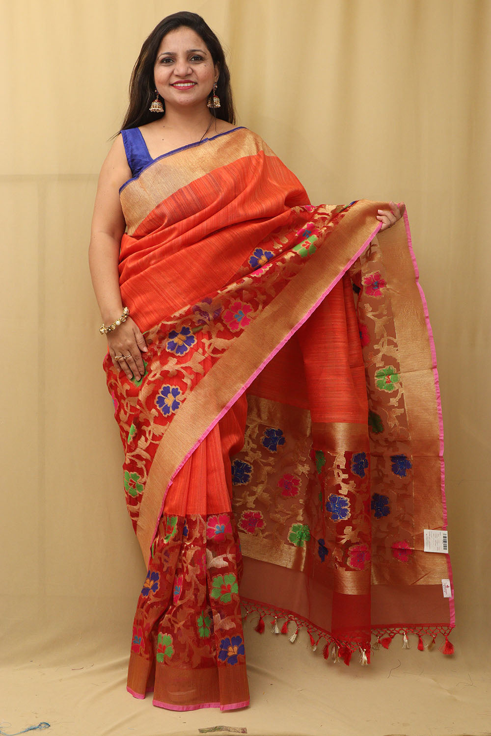 Orange Handloom Banarasi Pure Raw Dupion Silk Meenakari Saree - Luxurion World