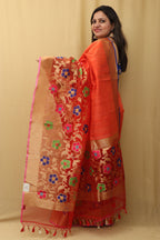 Orange Handloom Banarasi Pure Raw Dupion Silk Meenakari Saree - Luxurion World