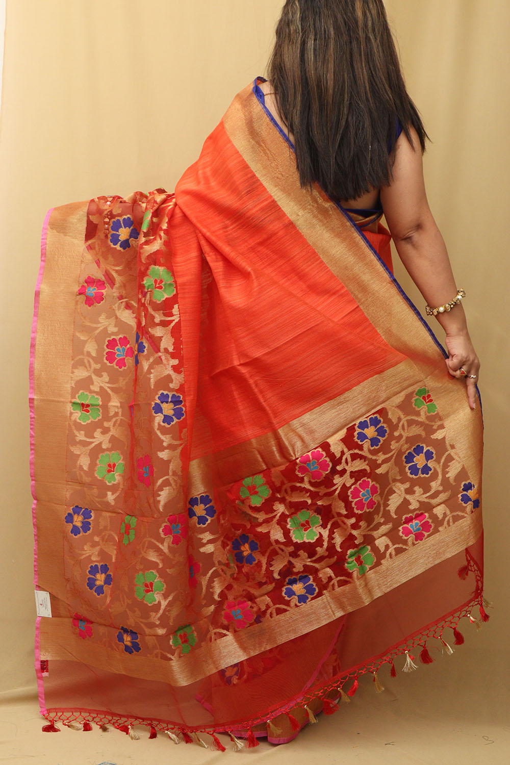 Orange Handloom Banarasi Pure Raw Dupion Silk Meenakari Saree - Luxurion World