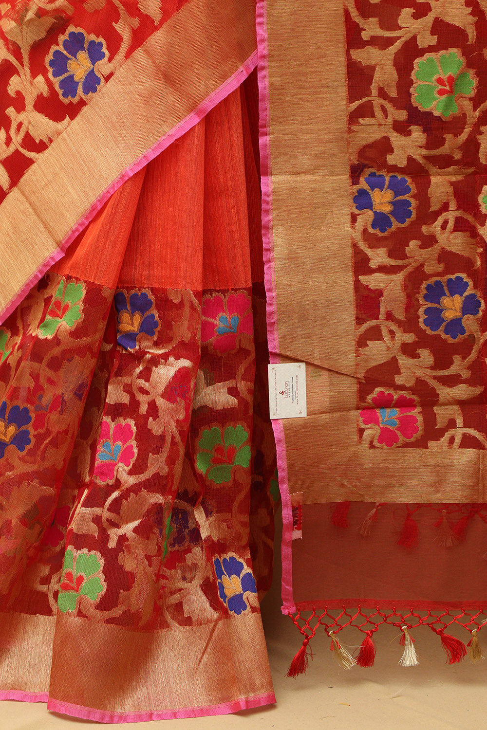 Orange Handloom Banarasi Pure Raw Dupion Silk Meenakari Saree - Luxurion World