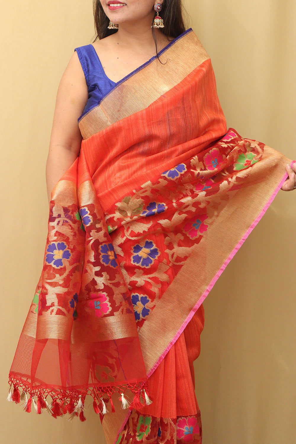 Orange Handloom Banarasi Pure Raw Dupion Silk Meenakari Saree - Luxurion World