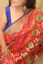 Orange Handloom Banarasi Pure Raw Dupion Silk Meenakari Saree - Luxurion World
