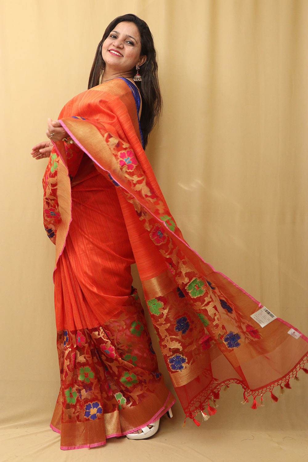Orange Handloom Banarasi Pure Raw Dupion Silk Meenakari Saree - Luxurion World