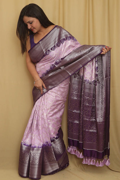 Beautiful Pink & Purple Banarasi Bandhani Pure Chiniya Silk Saree - Luxurion World