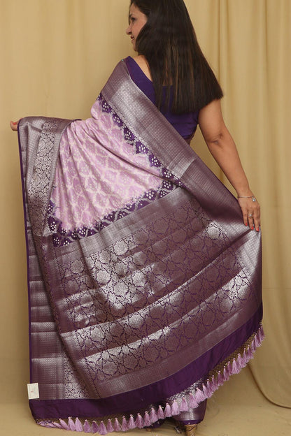 Beautiful Pink & Purple Banarasi Bandhani Pure Chiniya Silk Saree - Luxurion World