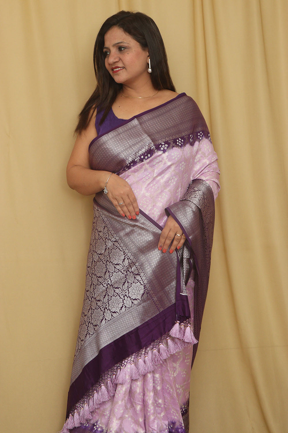 Beautiful Pink & Purple Banarasi Bandhani Pure Chiniya Silk Saree - Luxurion World