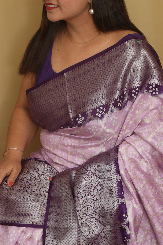 Beautiful Pink & Purple Banarasi Bandhani Pure Chiniya Silk Saree - Luxurion World