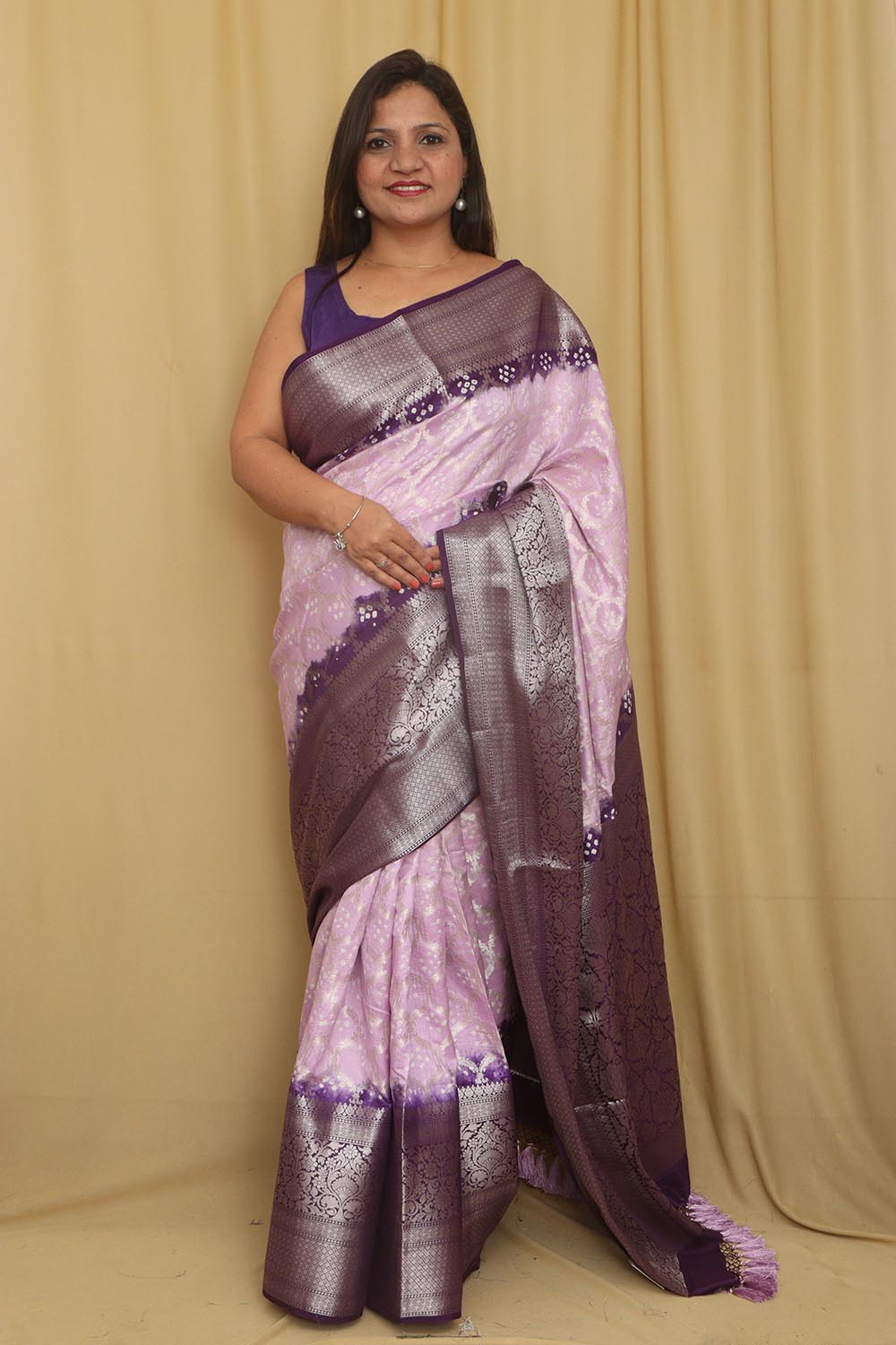 Beautiful Pink & Purple Banarasi Bandhani Pure Chiniya Silk Saree - Luxurion World