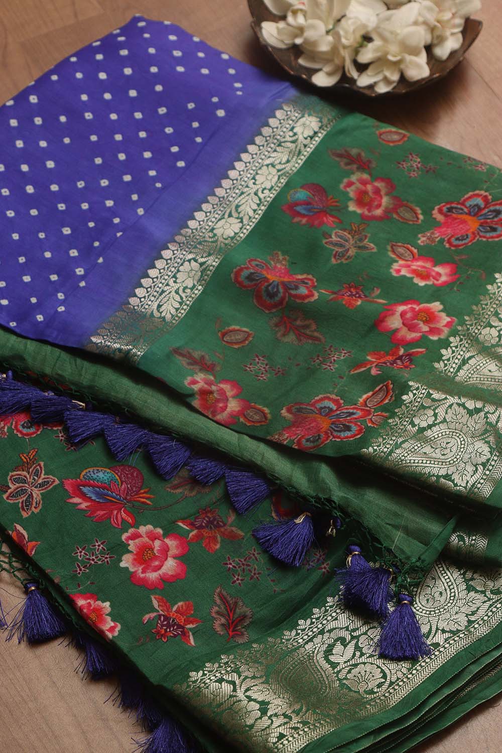 Blue Banarasi Bandhani Pure Chiniya Silk Saree - Luxurion World