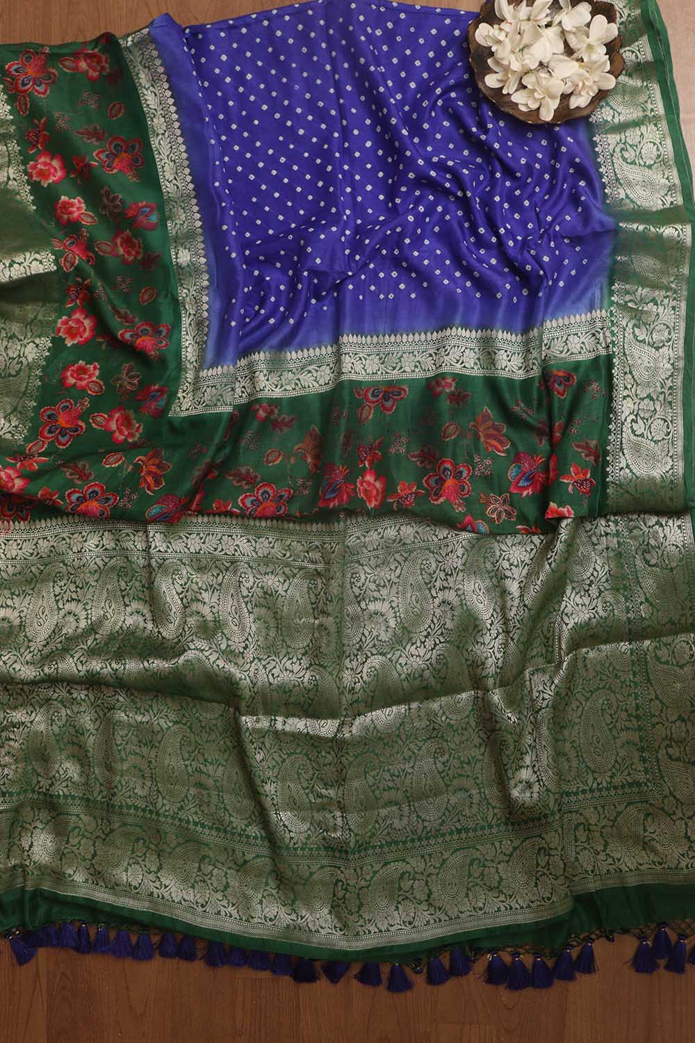 Blue Banarasi Bandhani Pure Chiniya Silk Saree - Luxurion World