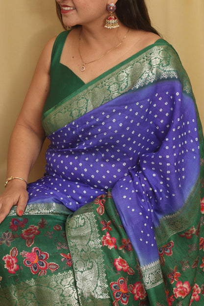 Blue Banarasi Bandhani Pure Chiniya Silk Saree - Luxurion World