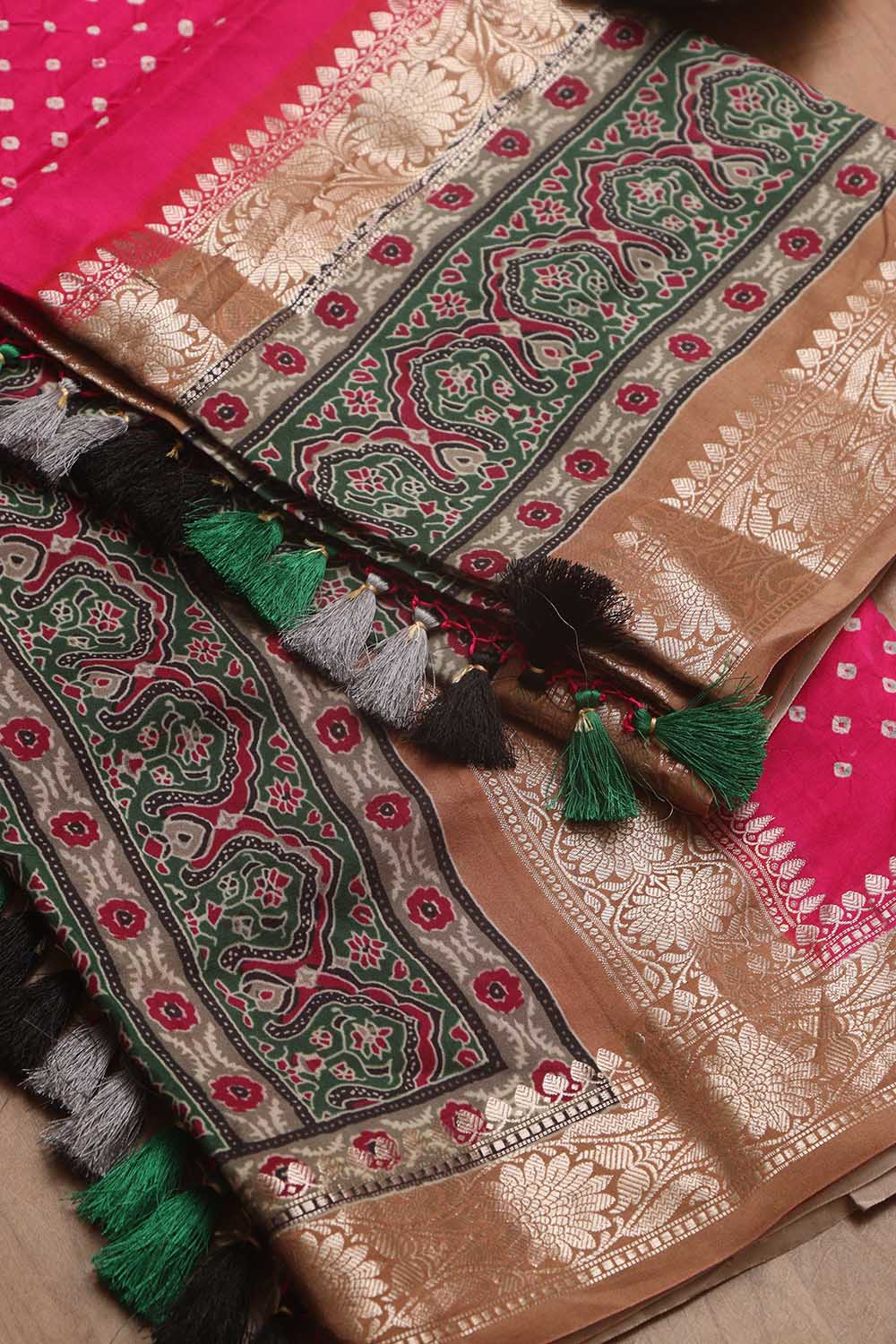 Beautiful Pink Banarasi Bandhani Pure Chiniya Silk Ajrakh Design Saree - Luxurion World