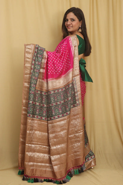 Beautiful Pink Banarasi Bandhani Pure Chiniya Silk Ajrakh Design Saree - Luxurion World