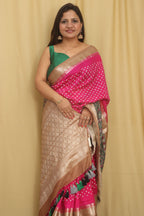 Beautiful Pink Banarasi Bandhani Pure Chiniya Silk Ajrakh Design Saree - Luxurion World