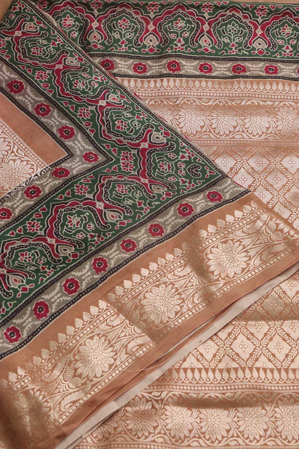 Beautiful Pink Banarasi Bandhani Pure Chiniya Silk Ajrakh Design Saree - Luxurion World