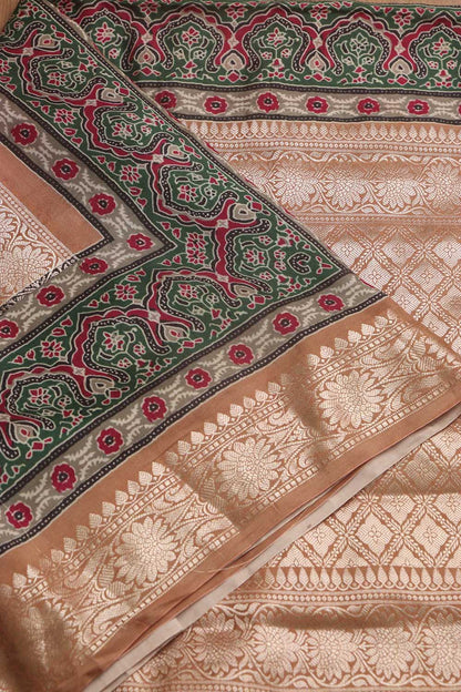 Beautiful Pink Banarasi Bandhani Pure Chiniya Silk Ajrakh Design Saree - Luxurion World