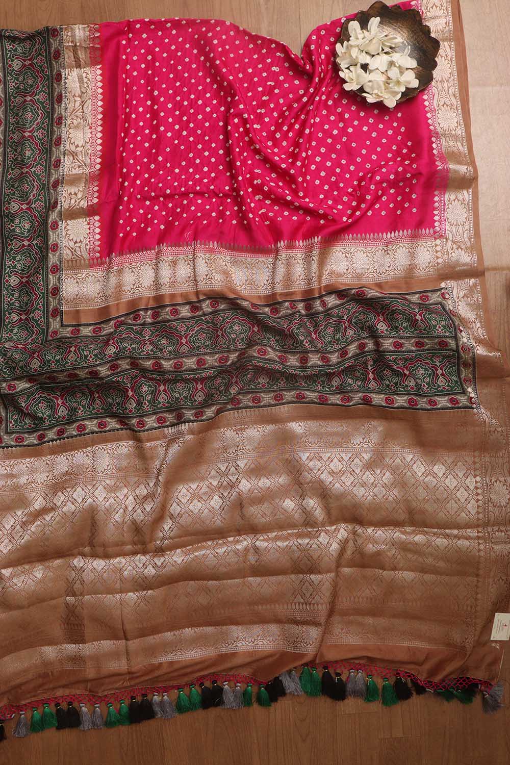 Beautiful Pink Banarasi Bandhani Pure Chiniya Silk Ajrakh Design Saree - Luxurion World