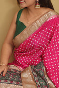 Beautiful Pink Banarasi Bandhani Pure Chiniya Silk Ajrakh Design Saree - Luxurion World