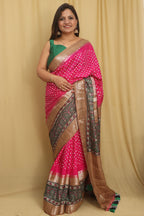 Beautiful Pink Banarasi Bandhani Pure Chiniya Silk Ajrakh Design Saree - Luxurion World