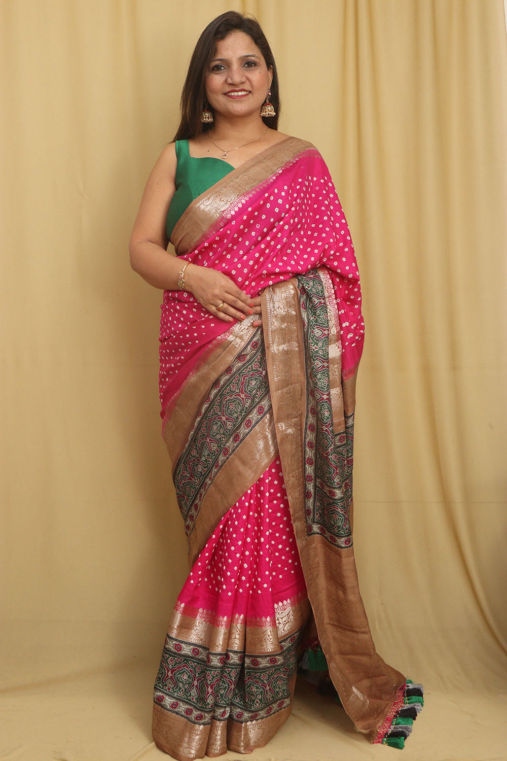 Beautiful Pink Banarasi Bandhani Pure Chiniya Silk Ajrakh Design Saree - Luxurion World