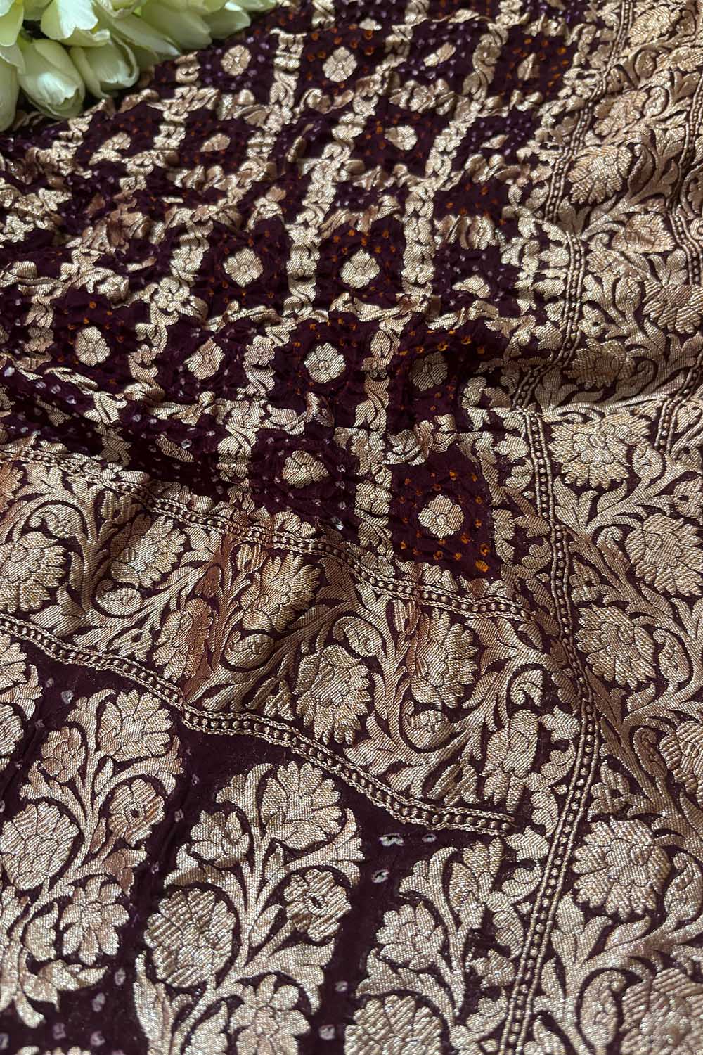 Maroon Banarasi Bandhani Pure Georgette Dupatta - Luxurion World- Crafted Heirlooms