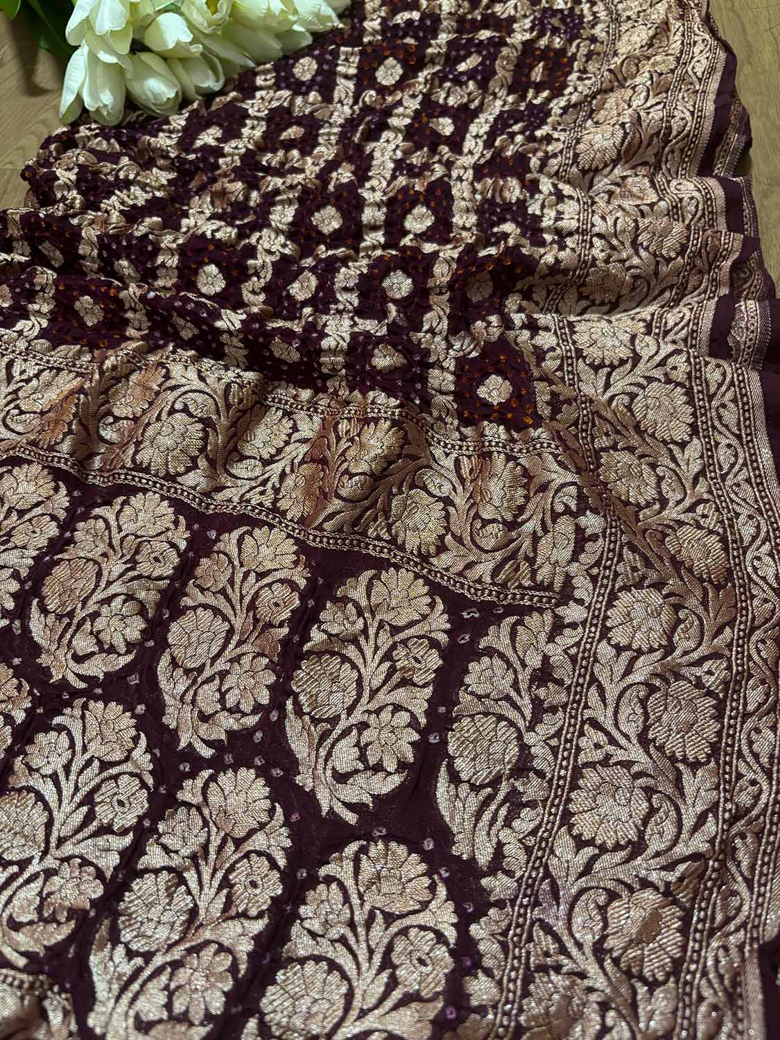 Maroon Banarasi Bandhani Pure Georgette Dupatta - Luxurion World- Crafted Heirlooms