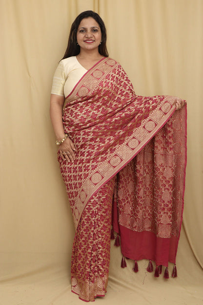 Stunning Pink Banarasi Bandhani Georgette Saree - Luxurion World