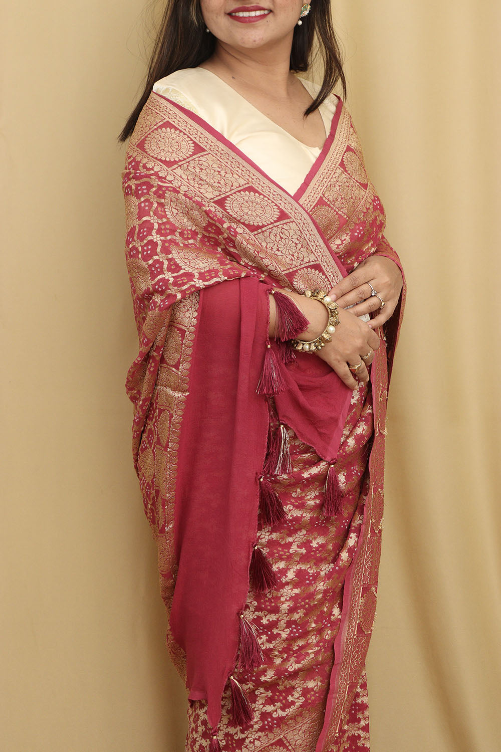 Stunning Pink Banarasi Bandhani Georgette Saree - Luxurion World