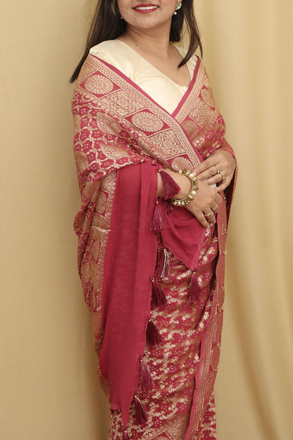 Stunning Pink Banarasi Bandhani Georgette Saree - Luxurion World