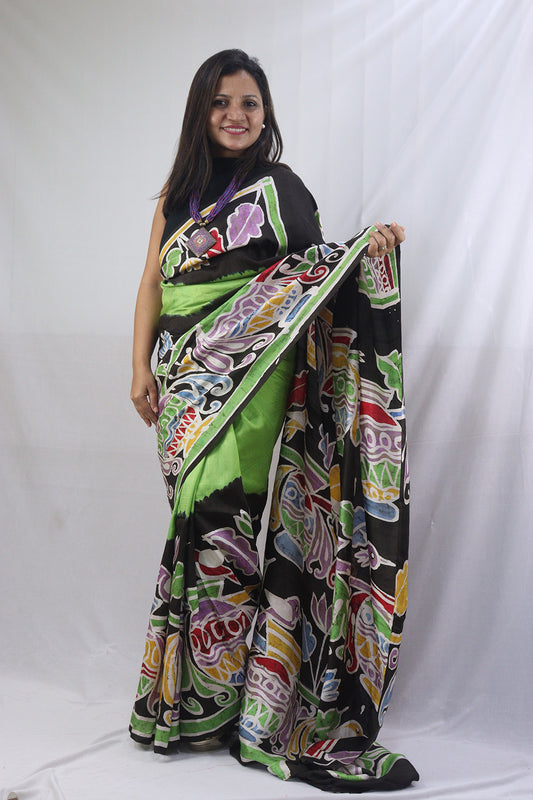 Stunning Green Hand Batik Murshidabad Silk Saree - Perfect for Any Occasion! - Luxurion World