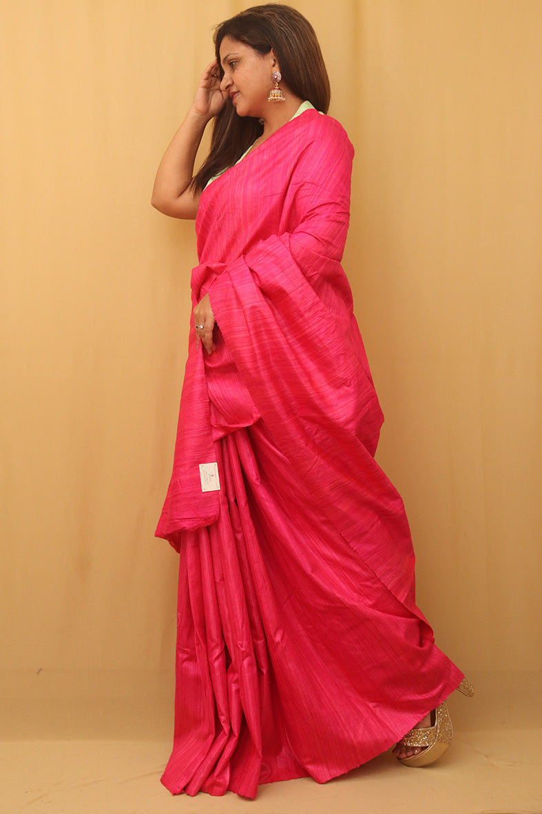 Pink Handloom Bhagalpur Pure Tussar Silk Saree - Luxurion World
