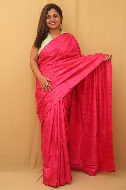 Pink Handloom Bhagalpur Pure Tussar Silk Saree - Luxurion World