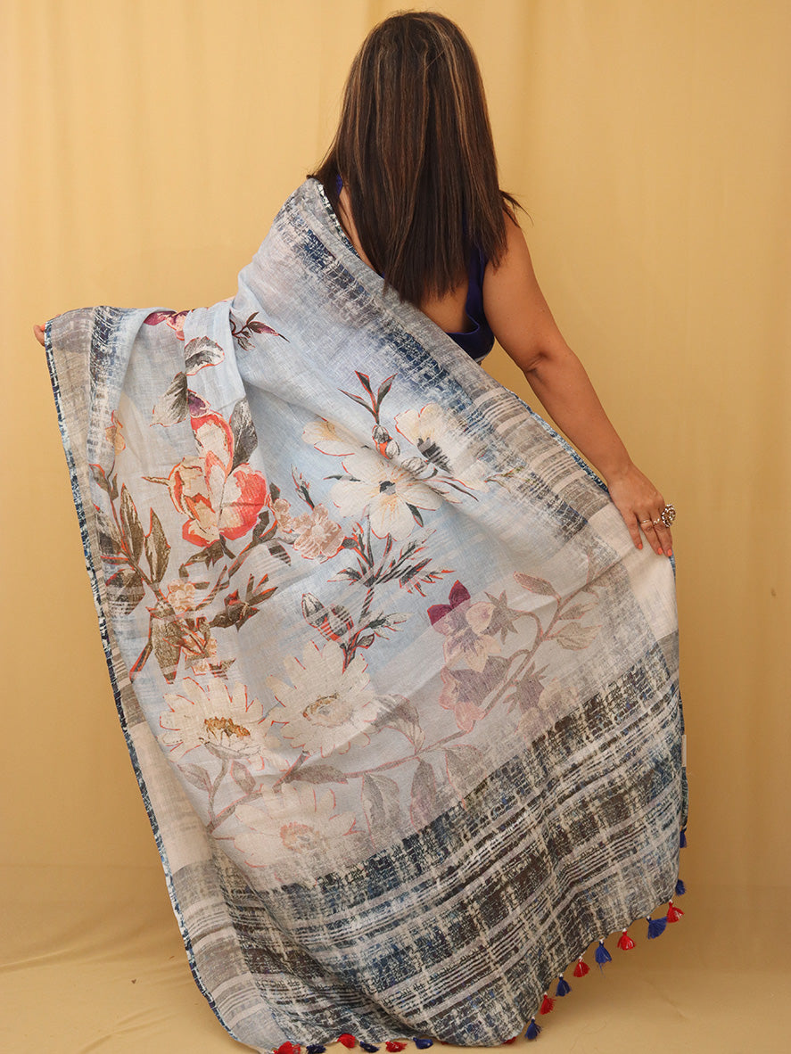 Grey Digital Printed Linen Saree - Luxurion World