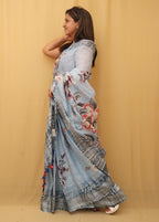 Grey Digital Printed Linen Saree - Luxurion World
