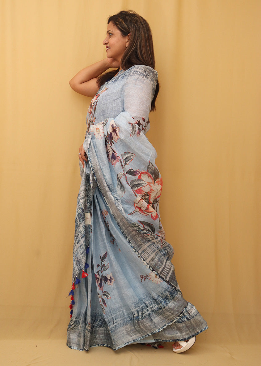 Grey Digital Printed Linen Saree - Luxurion World