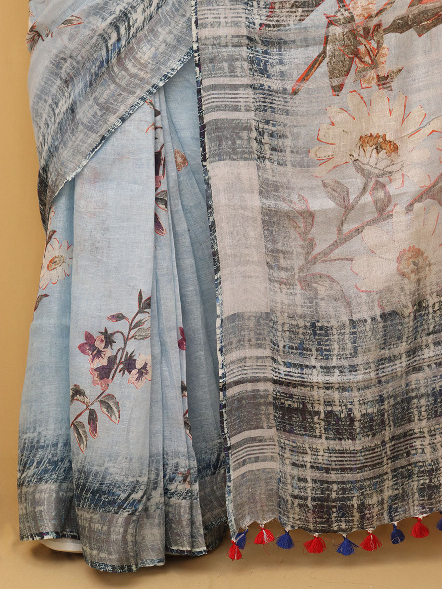 Grey Digital Printed Linen Saree - Luxurion World