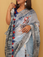 Grey Digital Printed Linen Saree - Luxurion World