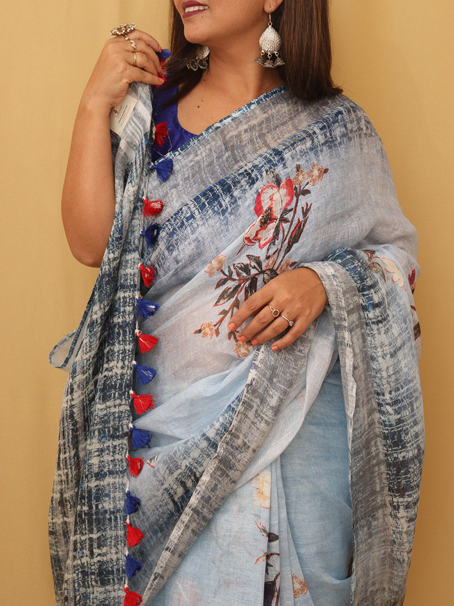 Grey Digital Printed Linen Saree - Luxurion World