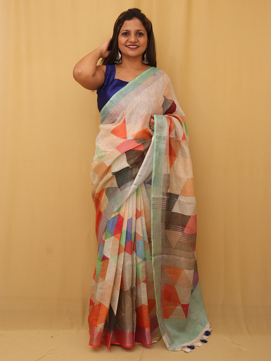 Multicolor Digital Printed Linen Saree - Luxurion World