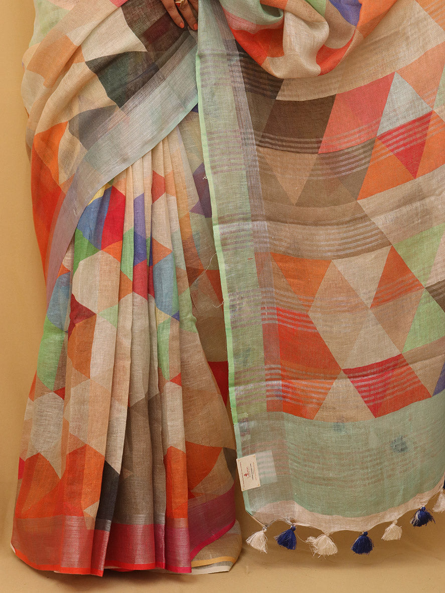 Multicolor Digital Printed Linen Saree - Luxurion World