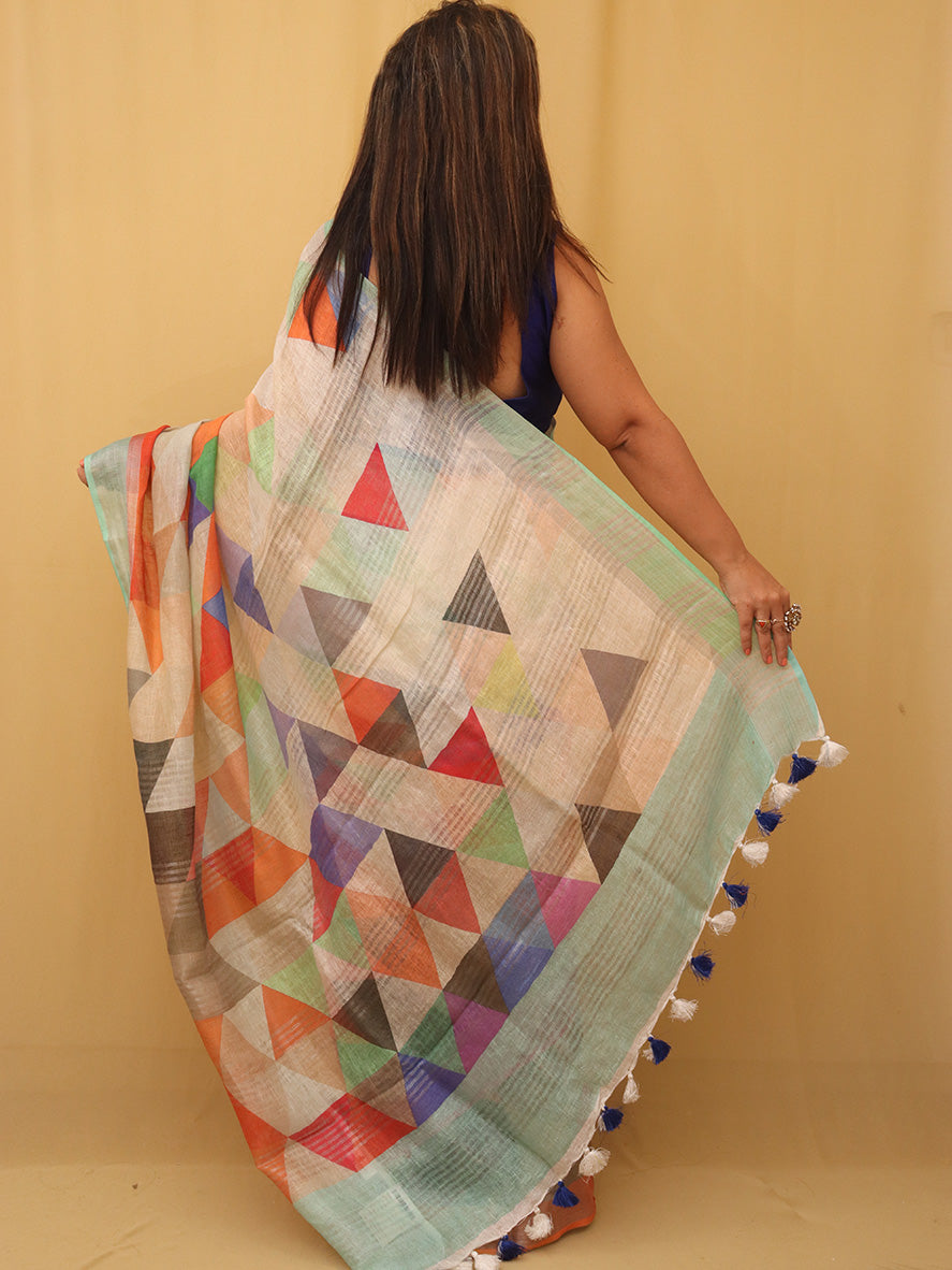 Multicolor Digital Printed Linen Saree - Luxurion World