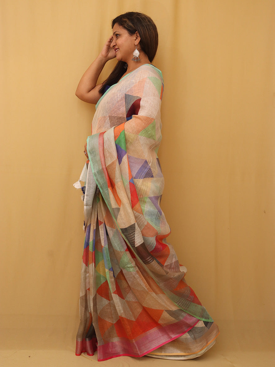Multicolor Digital Printed Linen Saree - Luxurion World