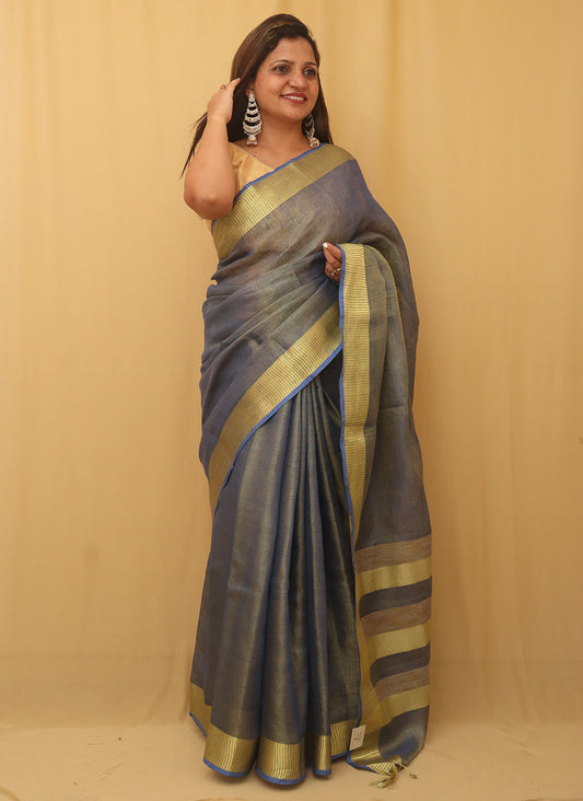 Blue Linen Tissue Silk Saree - Luxurion World